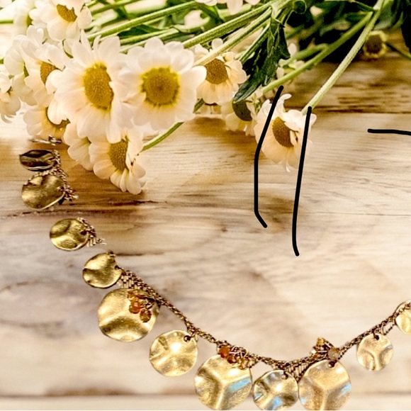 Hammered Gold Disc Necklace, 17”  with pink and white crystals. 3 1/4” Extender - Picture 2 of 7